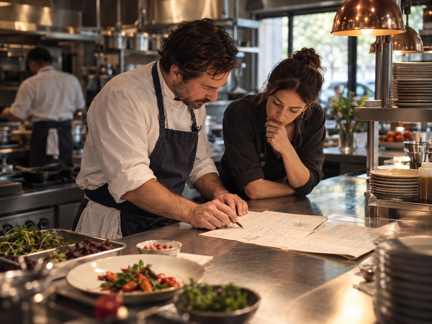 Hospitality operators reviewing a menu together in a working kitchen