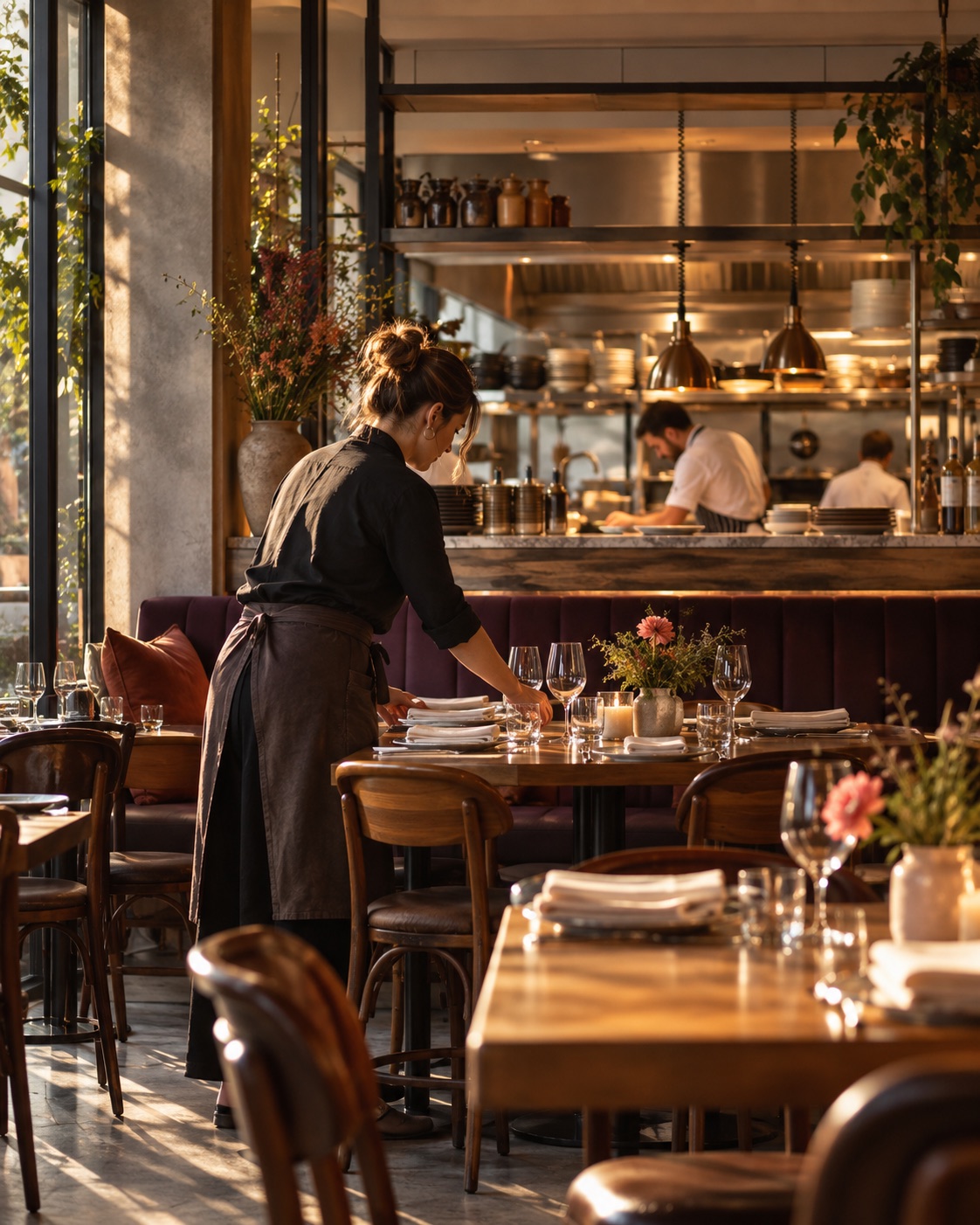A restaurant dining room being prepared for service